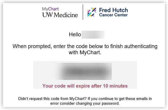 Screen shot shows instructions for entering the code for authenticating with MyChart.